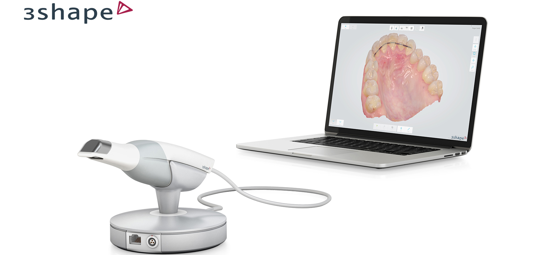 The image shows a laptop, a dental impression device, and a 3D model of a human mouth, indicating a technology or software used for dental impressions.