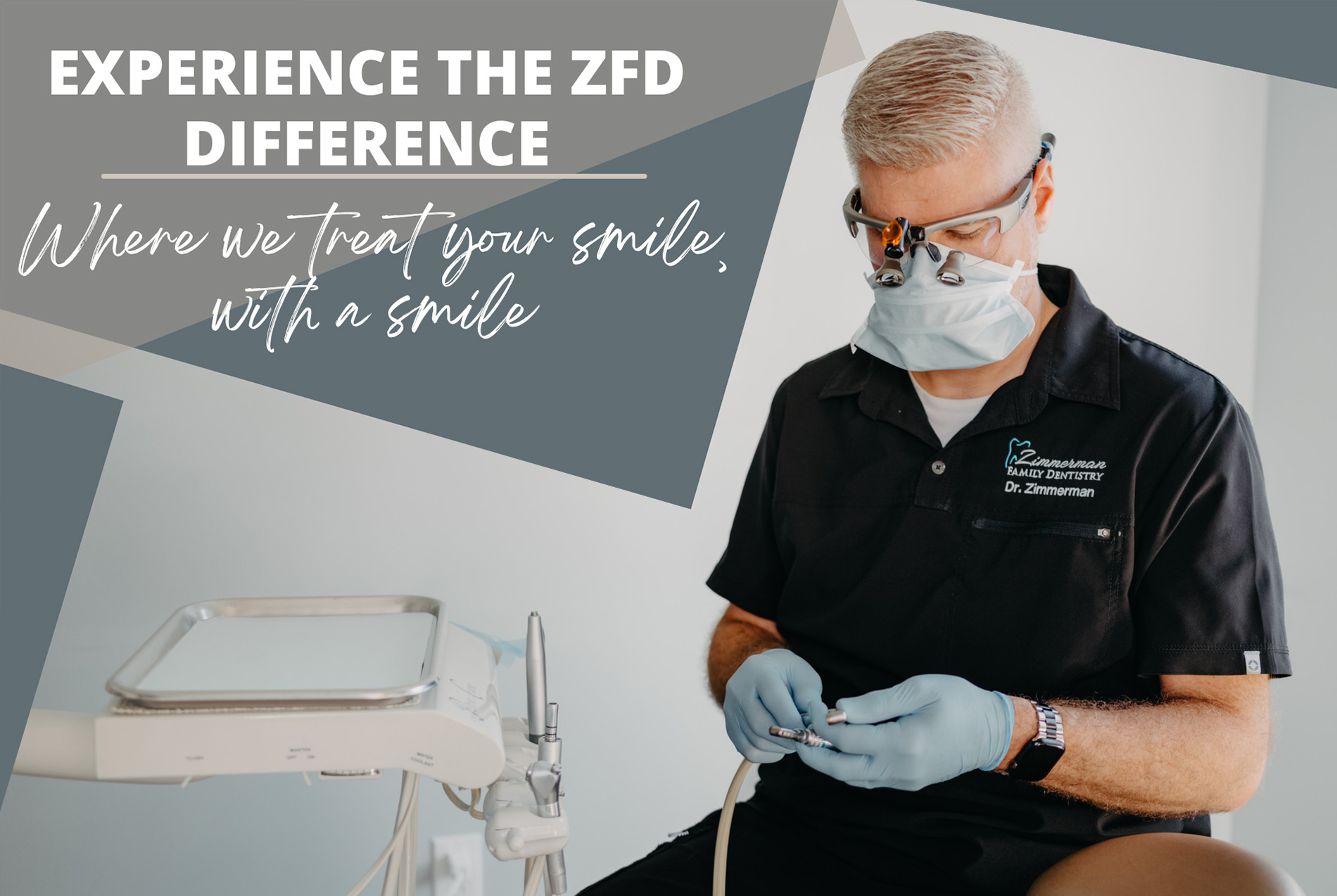 A dental professional in a lab coat and face mask is sitting at a dental chair, smiling at the camera.