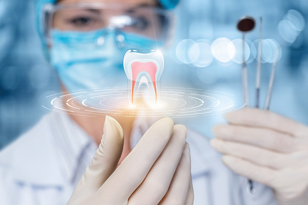 A dental professional in a lab coat holding a toothbrush with a glowing light around it, set against a background of medical equipment and tools.