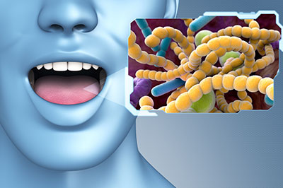 The image is a digital composite featuring a human face with an open mouth in the foreground, and in the background, there is a microscopic view of bacteria or cells.