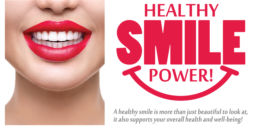 The image displays a close-up of a person s face, featuring red lipstick and the text  HEALTHY SMILE POWER  in bold letters.