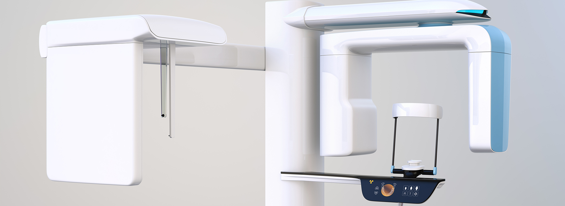 The image shows a modern dental chair setup with a digital display and a dental mirror, set against a plain background.