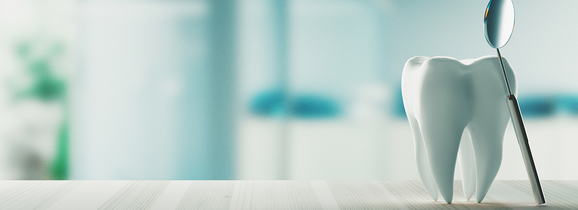 A digital rendering of a dental office with a toothbrush and a glass of water on the counter, set against a blurred background.